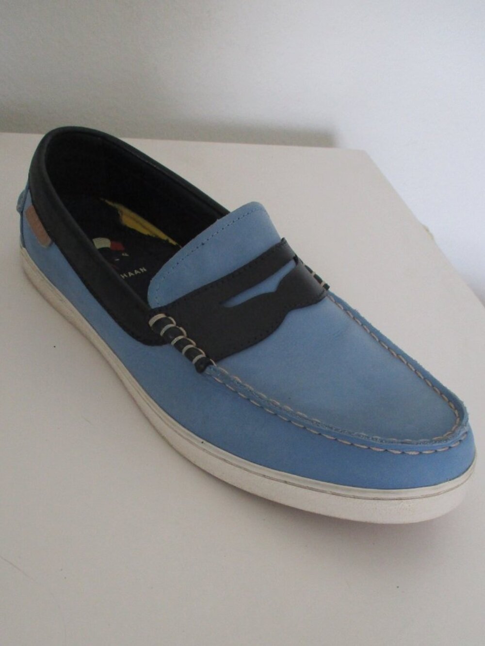 Cole Haan Grand. OS Mens Blue Nubuck Penny Loafer Boat Deck Moccasin-Size 10.5M